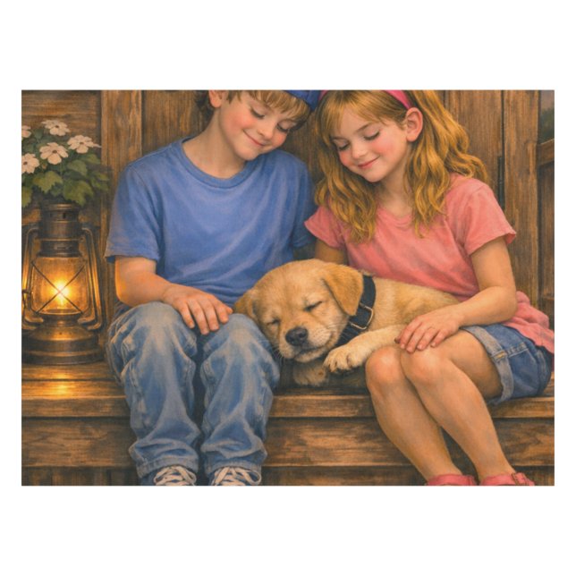 Two Children with Sleeping Puppy Rustic Tablecloth (Front (Horizontal))