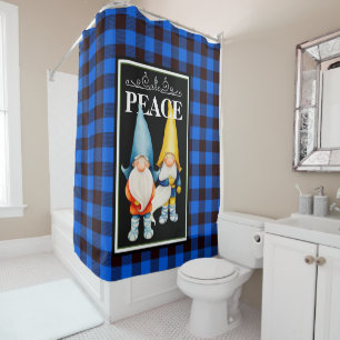 Two Christmas Gnomes Blue & Black Buffalo Plaid Shower Curtain