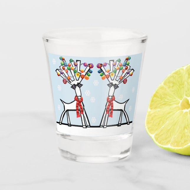 Two Christmas party reindeer with snowflakes Shot Glass (Front)
