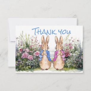 Two Classic bunnies blue and pink jacket Thank you Card