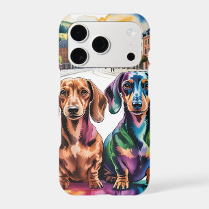 Two Colorful Dachshunds in European City Square