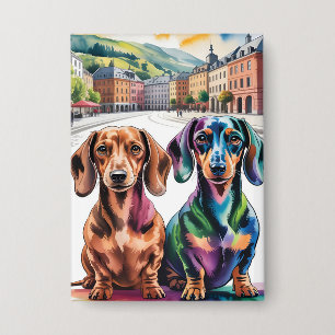 Two Colorful Dachshunds in European City Square