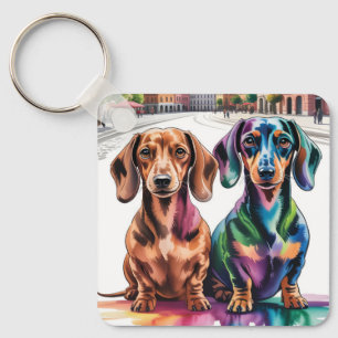 Two Colorful Dachshunds in European City Square Key Ring