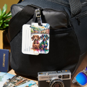Two Colorful Dachshunds in European City Square Luggage Tag