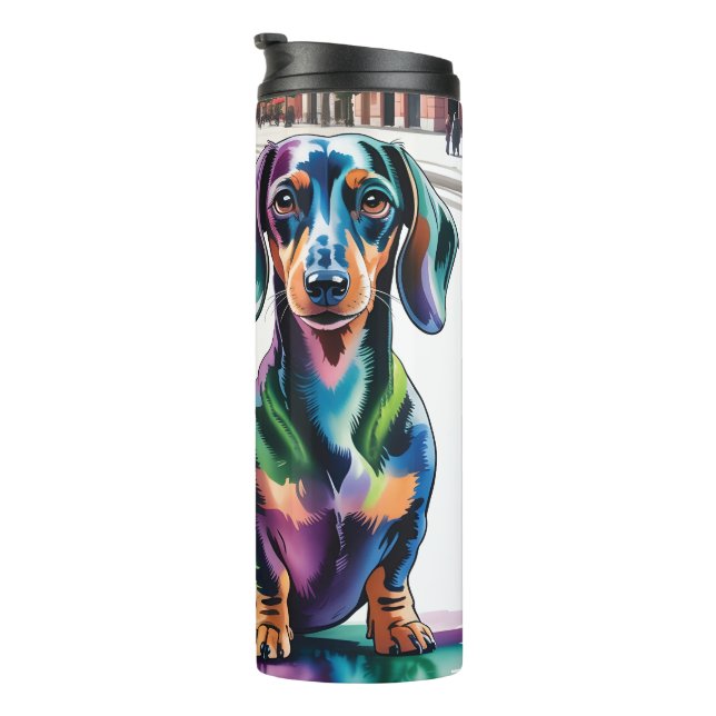 Two Colorful Dachshunds in European City Square Thermal Tumbler (Rotated Right)
