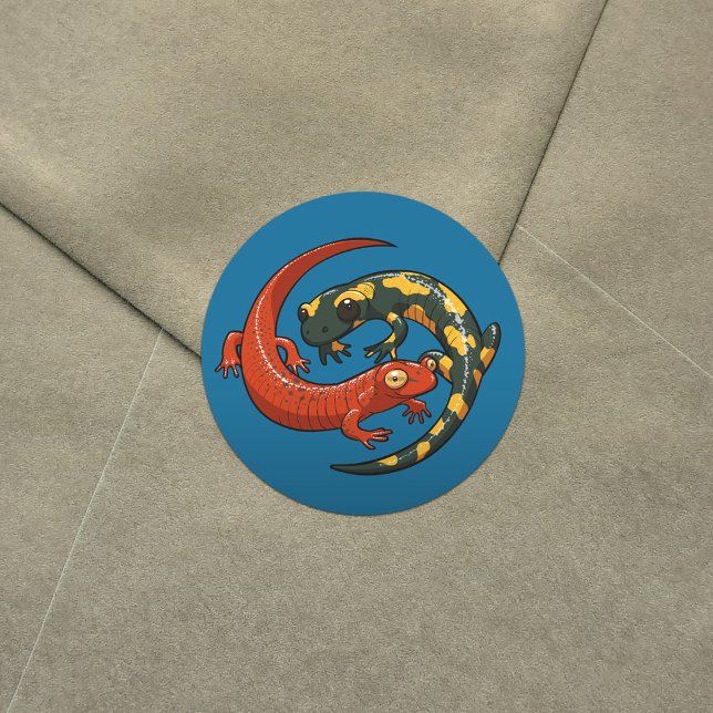 Two Colorful Smiling Salamanders Entwined Cartoon Classic Round Sticker (Creator Uploaded)
