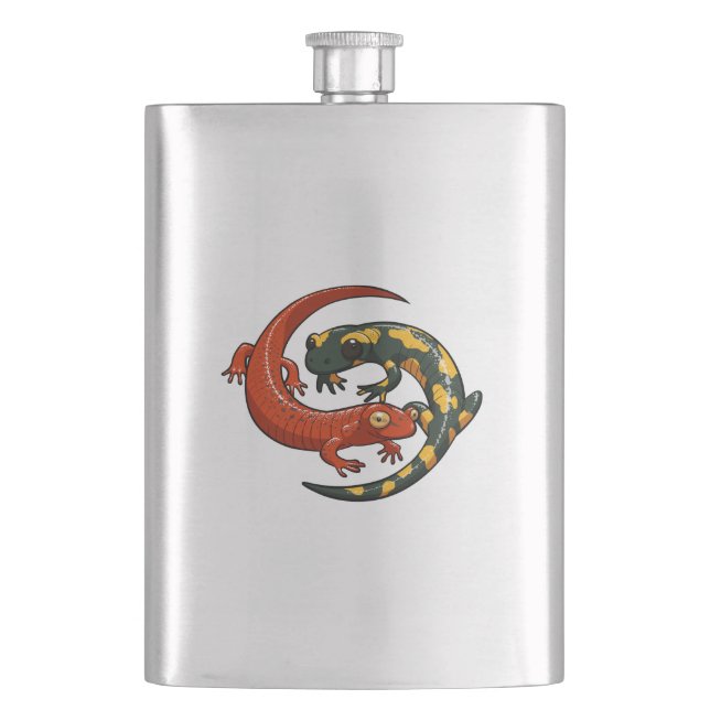 Two Colorful Smiling Salamanders Entwined Cartoon Hip Flask (Front)