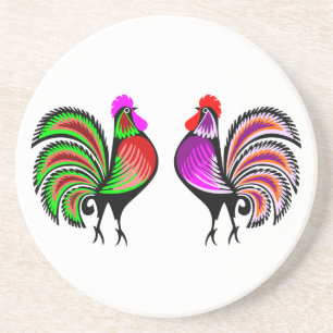 Two Colourful Alert Roosters Coaster