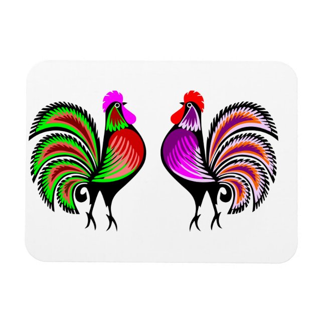 Two Colourful Alert Roosters Magnet (Horizontal)