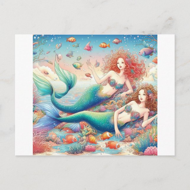 Two Colourful and Beautiful Mermaid Twins Postcard (Front)