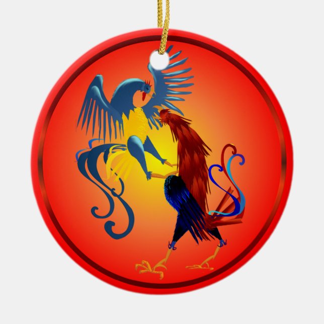 Two Colourful Fighting Roosters Ornament (Front)