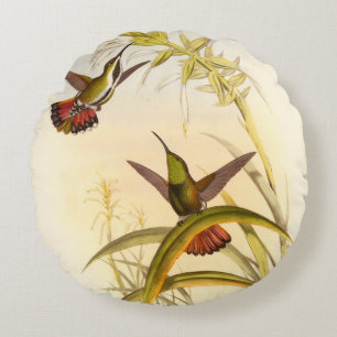 Two Colourful Hummingbirds Aiming for Same Flower Round Cushion