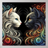 Two Contrasting Cat Faces with Vibrant Swirls