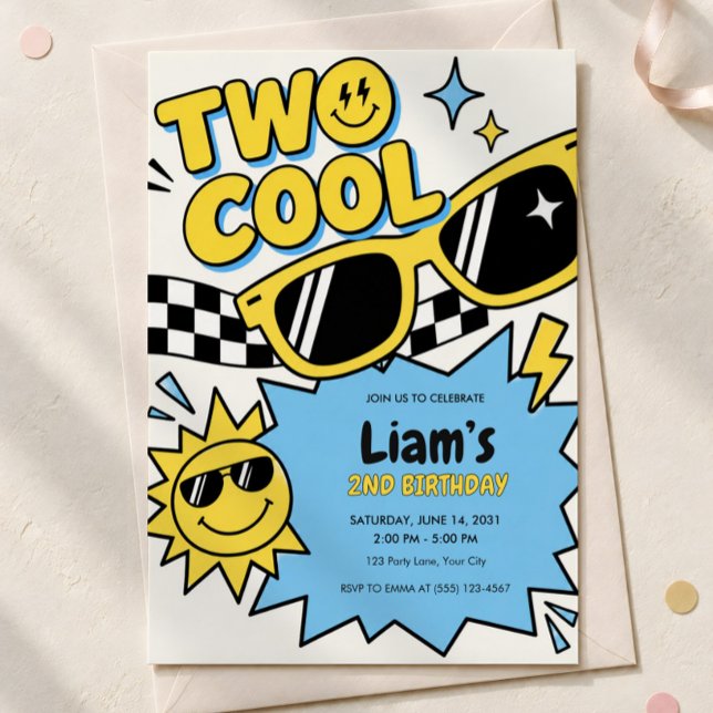Two Cool 2nd Birthday Invitation (Two Cool sunglasses second birthday invitation with an envelope.)