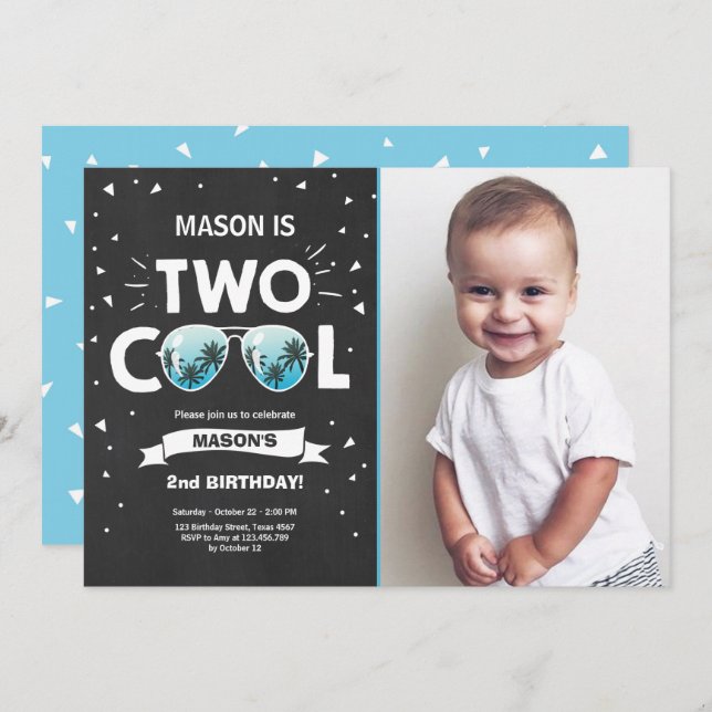 Two Cool birthday invitation boy 2nd birthday Blue (Front/Back)