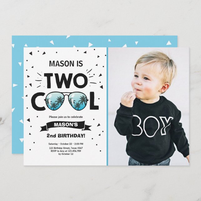Two Cool birthday invitation boy 2nd birthday Blue (Front/Back)
