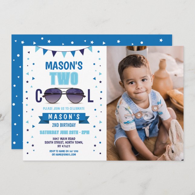 Two Cool Birthday Sunglasses Summer Boys Photo Invitation (Front/Back)
