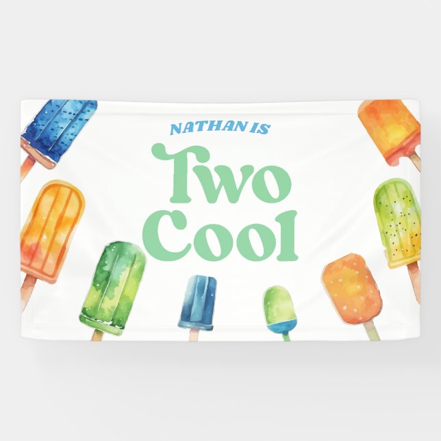 Two Cool Blue Retro Popsicle 2nd Birthday Party Banner (Horizontal)