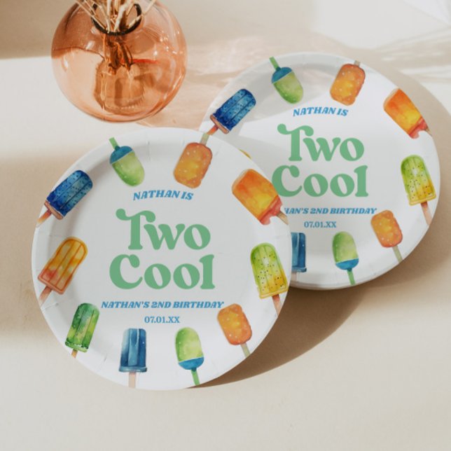 Two Cool Blue Retro Popsicle 2nd Birthday Party Paper Plate (Creator Uploaded)