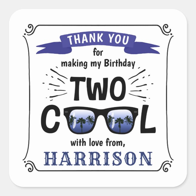 Two Cool Boys 2nd Birthday Party Favour Square Sticker (Front)
