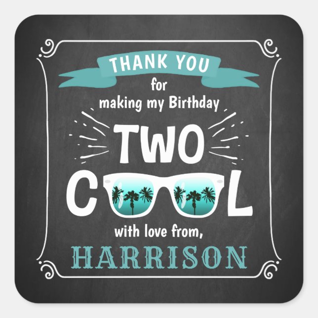 Two Cool Boys Chalkboard 2nd Birthday Party Favour Square Sticker (Front)