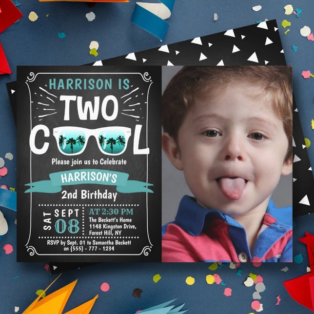 Two Cool Boys Chalkboard Photo 2nd Birthday Invitation (Creator Uploaded)