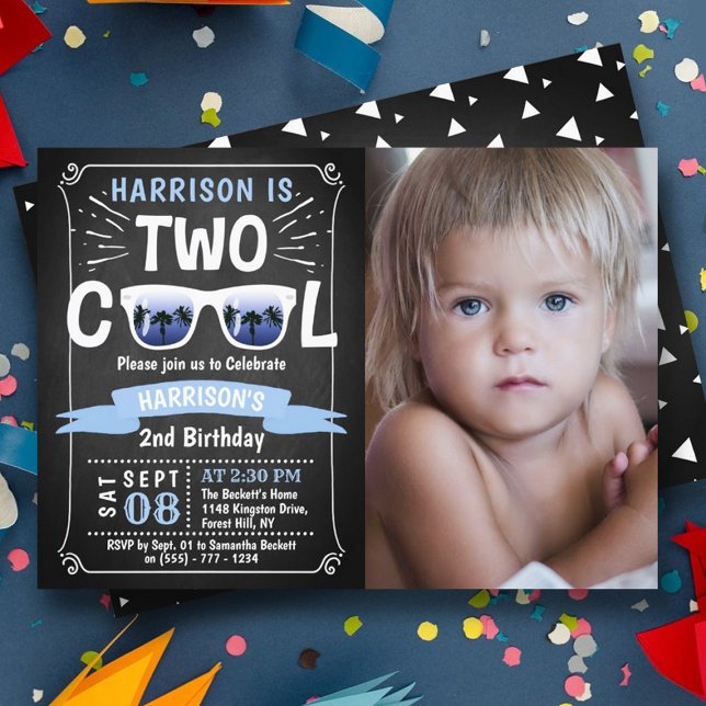 Two Cool Boys Chalkboard Photo 2nd Birthday Invitation (Creator Uploaded)