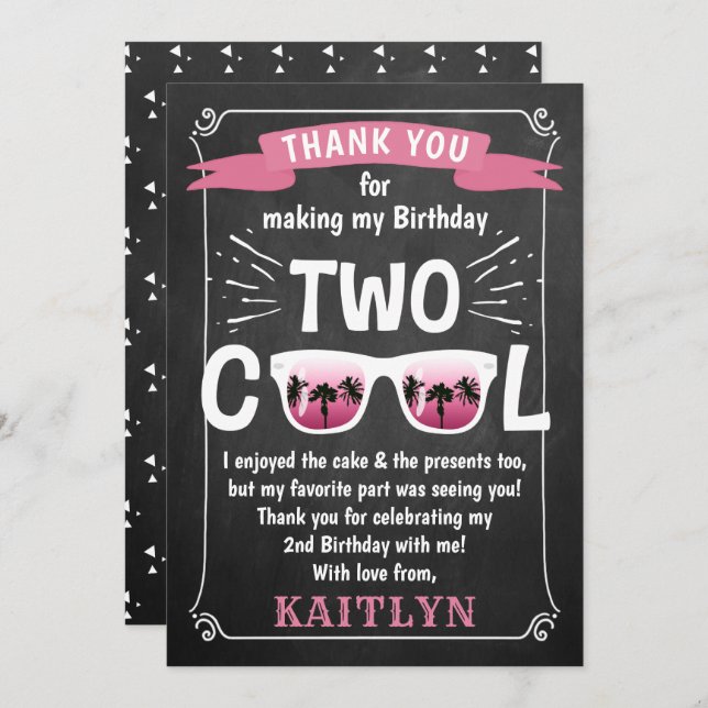 Two Cool Chalkboard Girls 2nd Birthday Thank You Card (Front/Back)