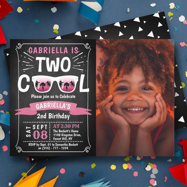 Two Cool Chalkboard Girls Photo 2nd Birthday Invitation (Creator Uploaded)