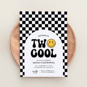 Two Cool Chequered Happy Face 2nd Birthday Invitation