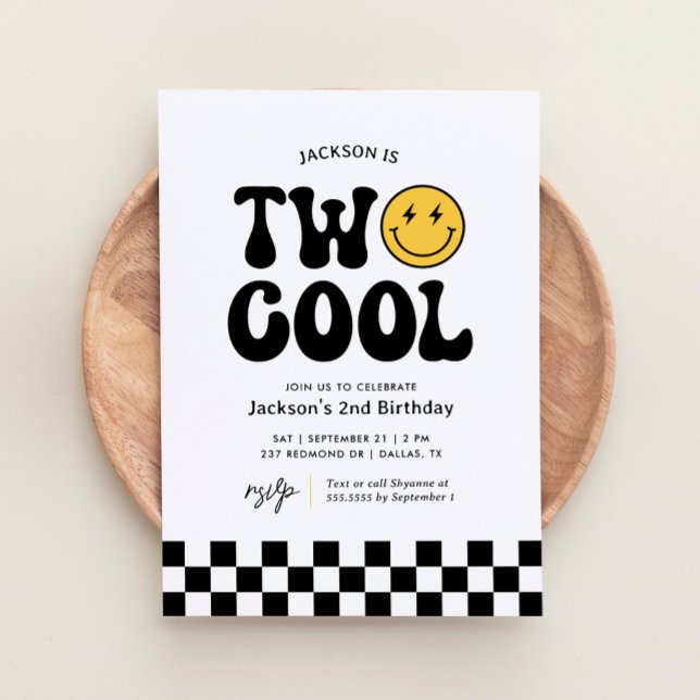 Two Cool Chequered Happy Face 2nd Birthday Invitation (Creator Uploaded)