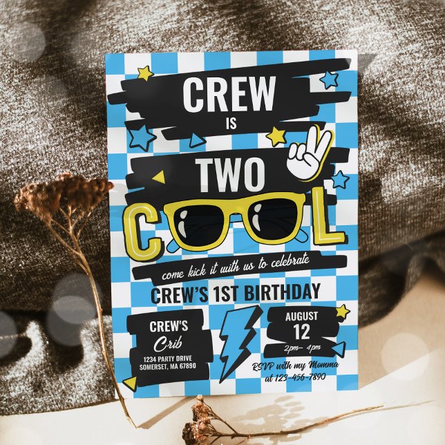 Two Cool Chequered Sunglasses 2nd Birthday Party Invitation (Creator Uploaded)