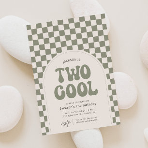 Two Cool Green Retro Chequered 2nd Birthday Invitation