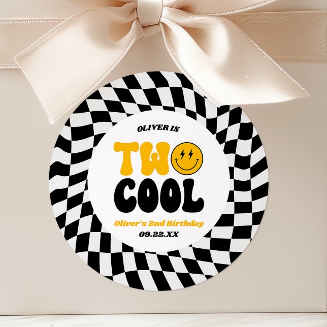 Two Cool Happy Retro Second 2nd Birthday Party Classic Round Sticker (Creator Uploaded)