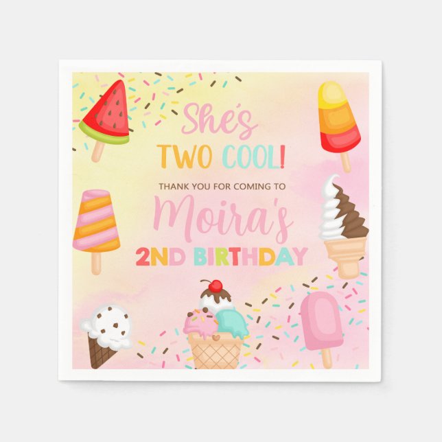 TWO COOL ice cream girl birthday paper napkins. Napkin (Front)