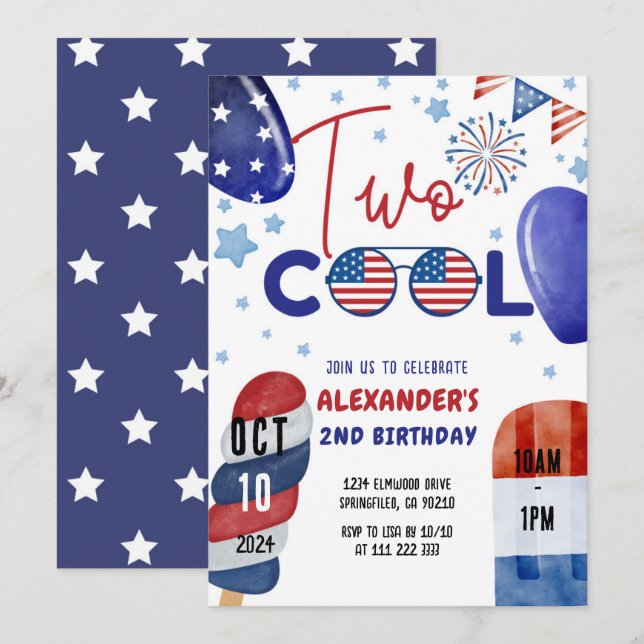 Two Cool July 4th Red, White Blue 2nd Birthday Invitation (Front/Back)