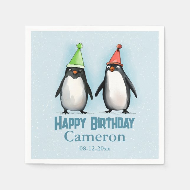 Two Cool Penguins celebrate kid's birthday Napkin (Front)