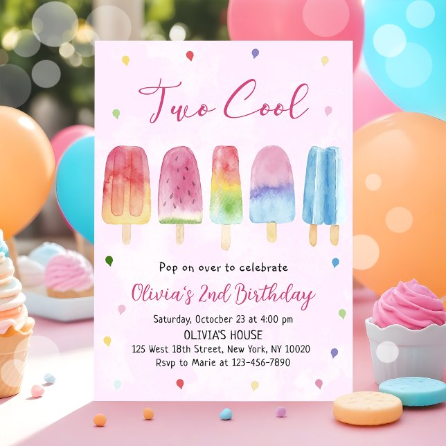 Two Cool Pink Popsicle Girl Birthday Party Invitation (Creator Uploaded)