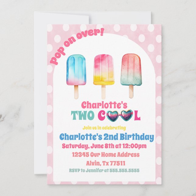 TWO COOL Pink Popsicle Summer Birthday Invitation (Front)