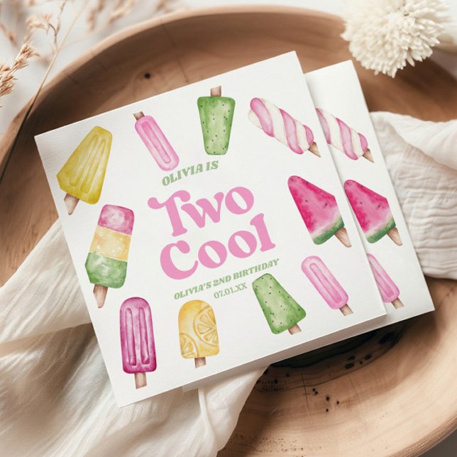 Two Cool Pink Retro Popsicle 2nd Birthday Party Napkin (Creator Uploaded)