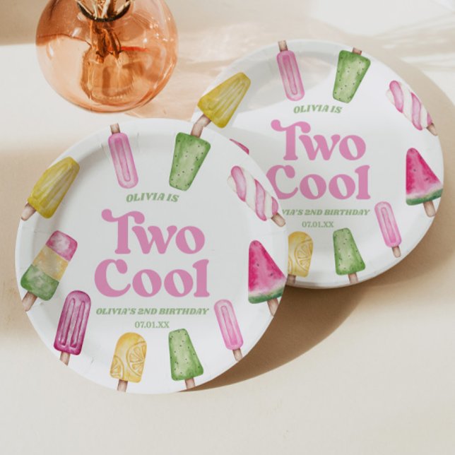 Two Cool Pink Retro Popsicle 2nd Birthday Party Paper Plate (Creator Uploaded)