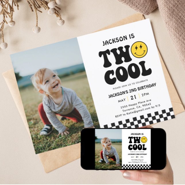 Two Cool Retro Boy 2nd Birthday Photo Invitation (Creator Uploaded)