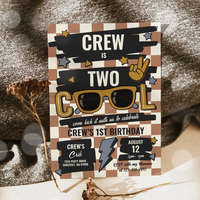 Two Cool Retro Chequered Sunglasses 2nd Birthday Invitation (Creator Uploaded)
