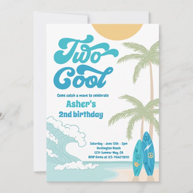 Two Cool Retro Surfboard Beach 2nd Birthday Party Invitation (Front)