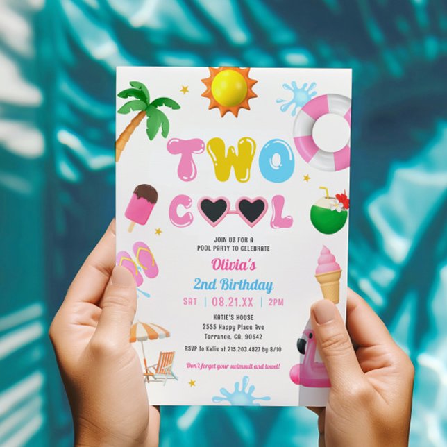 Two Cool Summer Pool Party Girl 2nd Birthday  Invitation (Creator Uploaded)