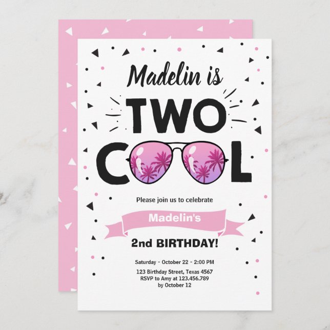 Two Cool Summer Sunglasses Girl 2nd Birthday Invit Invitation (Front/Back)