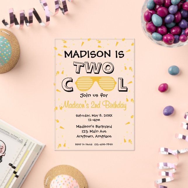 TWO Cool Sunglass 2nd Birthday Party Acrylic Invitations (Insitu (Celebration))