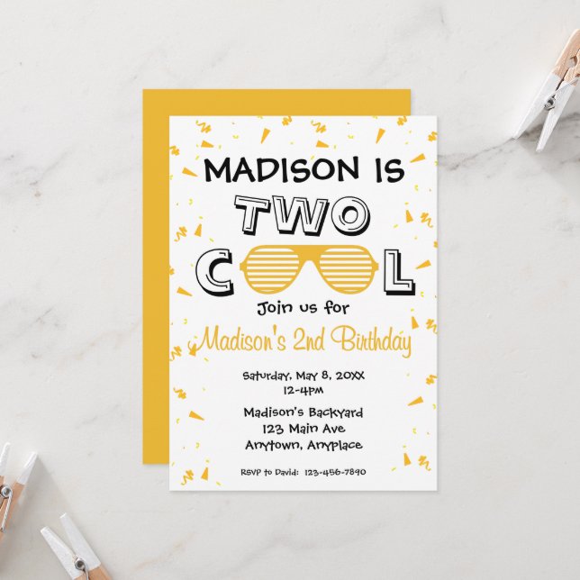 TWO Cool Sunglass 2nd Birthday Party Invitation (Front/Back In Situ)