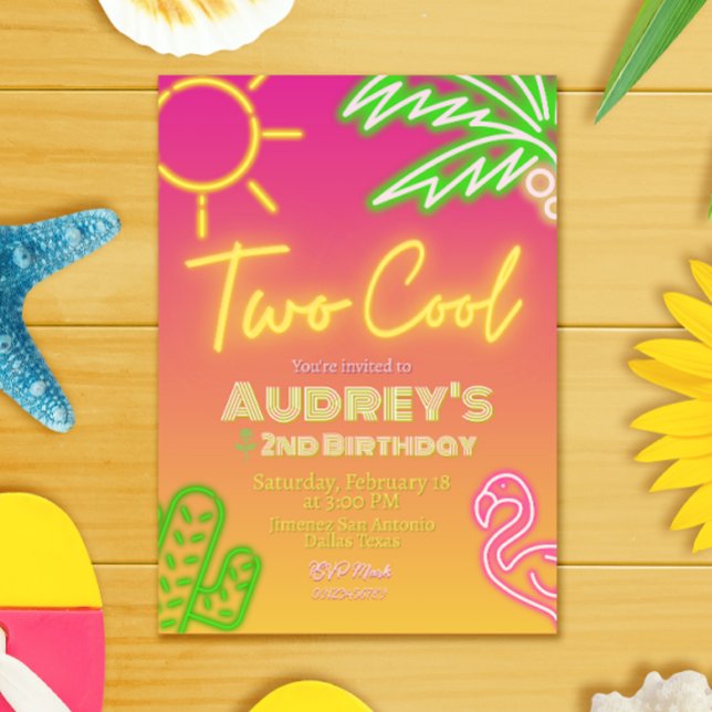 Two Cool Tropical Pink Neon Pool Party Invitation (Two Cool Tropical Pink Neon Pool Party Invitation)