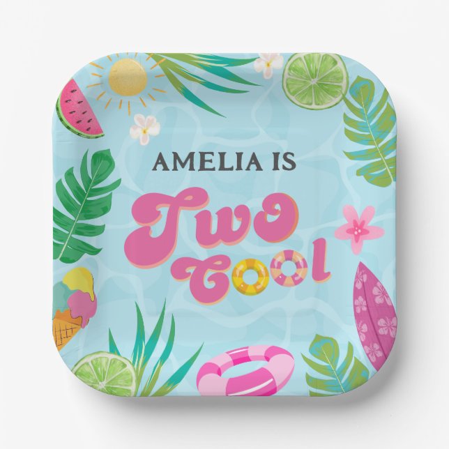 Two cool tropical pool summer 2nd Birthday Paper Plate (Front)